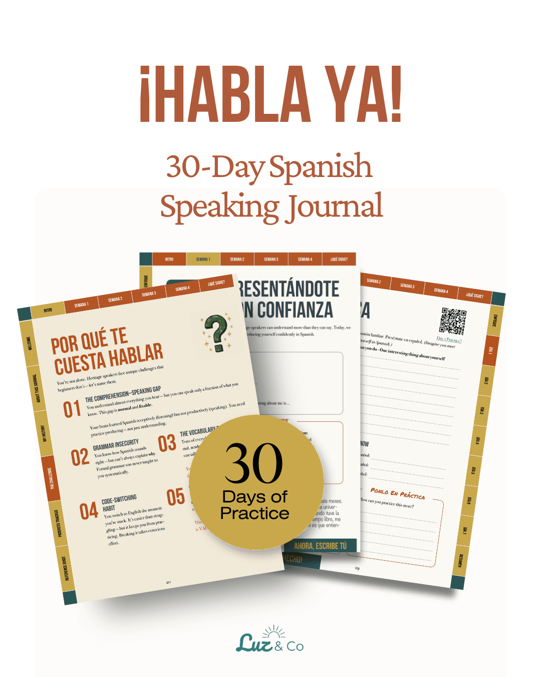 Three pages from the Spanish Speaking Confidence journal with a 30 Days of Practice badge